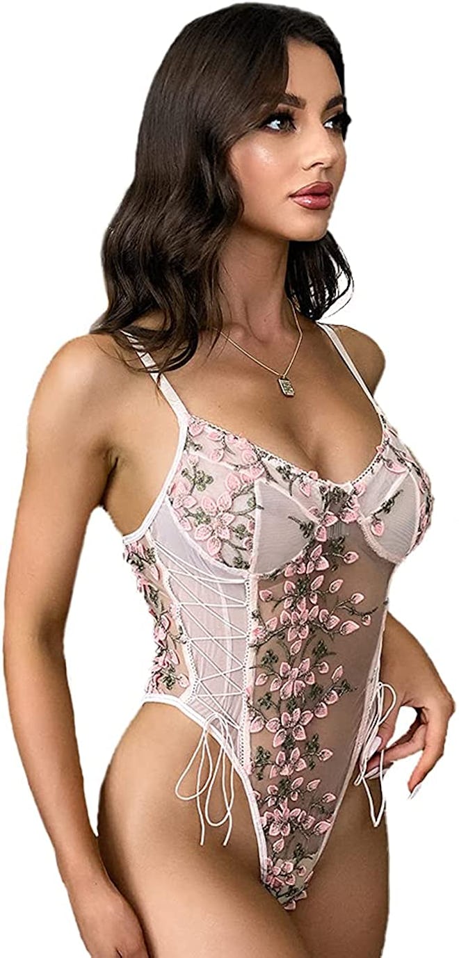 Lilosy Sheer Lace Up Floral Embroidered Bodysuit