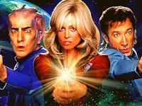 Alan Rickman, Sigourney Weaver, and Tim Allen point blasters on the poster for Galaxy Quest