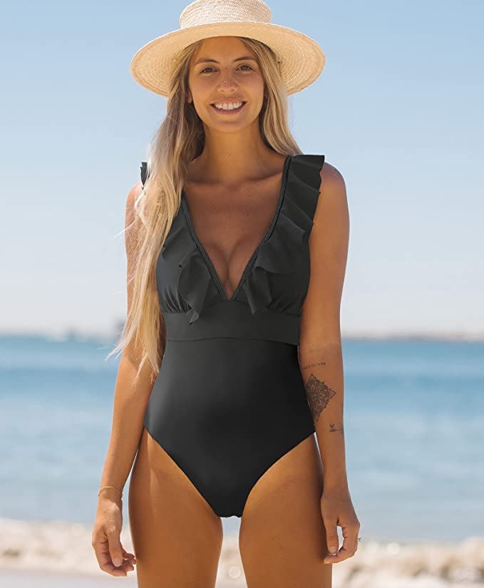 SPORLIKE V-Neck Ruffle One Piece Swimsuit