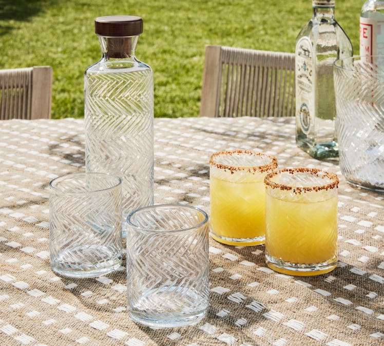 Sweet July Herringbone Handcrafted Glass Decanter & Double Old Fashioned Glasses