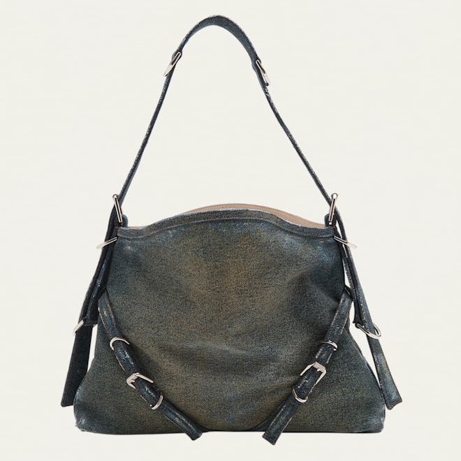 Medium Voyou Buckle Shoulder Bag in Washed Denim