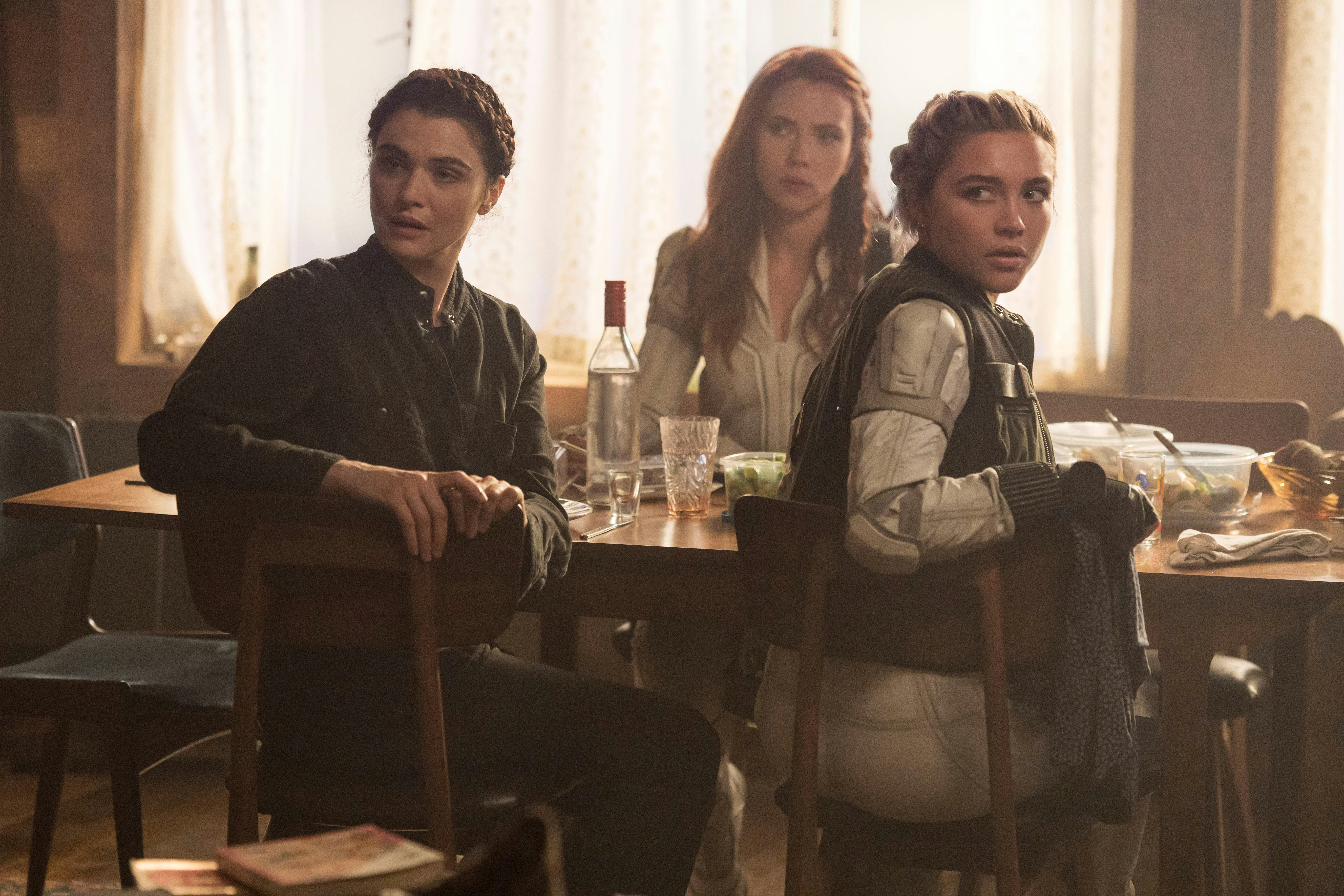 &lsquo;Black Widow&rsquo; production still: Rachel Weisz, Florence Pugh, Scarlett Johansson
