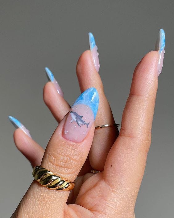 Pool water nails have 3D water droplets and jelly nail polish colors, the perfect combination for a ...