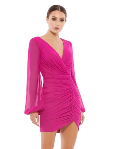 Ieena For Mac Duggal Faux Wrap Puff Sleeve Ruched Fitted Mini Dress