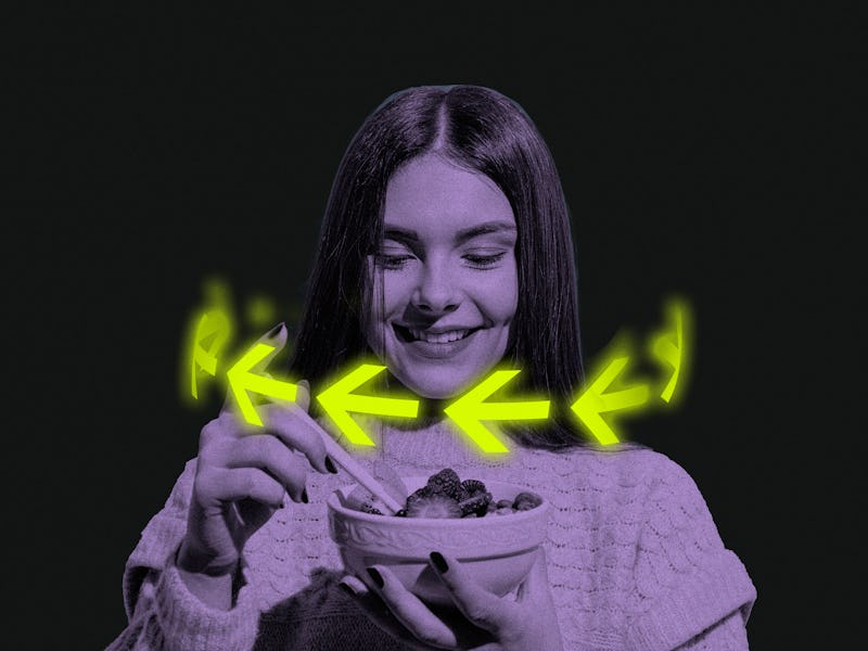 An illustration of a woman eating fruit.