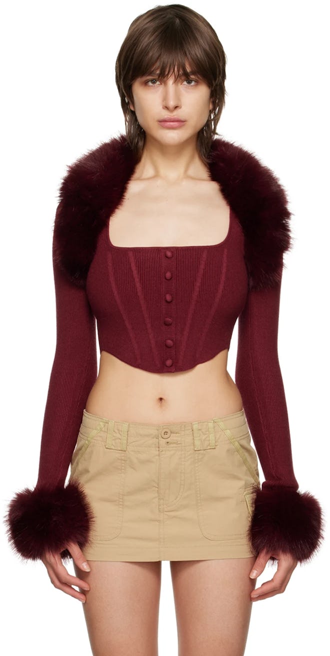 Guizio Burgundy Cropped Faux-Fur Bolero