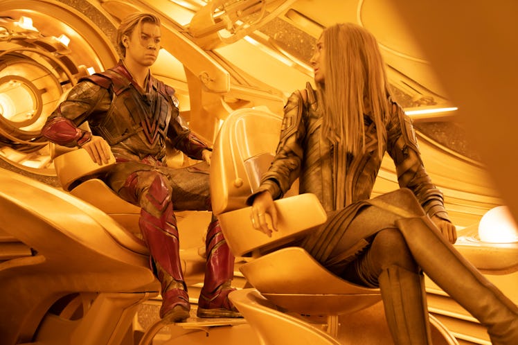 Will Poulter as Adam Warlock and Elizabeth Debicki as Ayesha in Guardians of the Galaxy Vol. 3