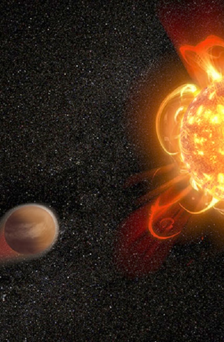 illustration of a small brown planet orbiting a red and orange star whose surface is busy with solar...