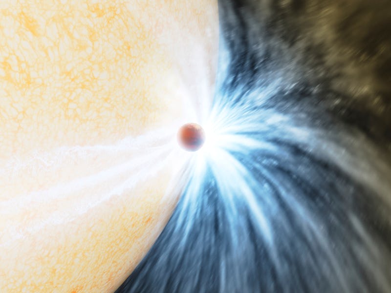 A tiny planet gives of streaks of white light as it crashes into a huge yellow star on a black backg...