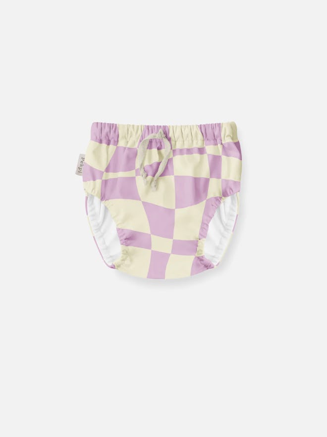 Reusable swim diaper with drawstring in lavender check pattern