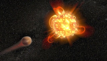 illustration of a small brown planet orbiting a red and orange star whose surface is busy with solar...