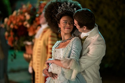 India Amarteifio as Young Queen Charlotte, Corey Mylchreest as Young King George in 'Queen Charlotte...