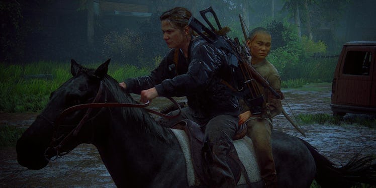 Abby and Lev riding a horse TLOU Part II