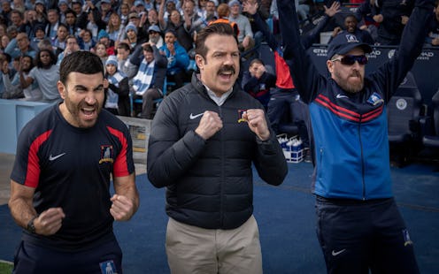 Brett Goldstein (Roy Kent), Jason Sudeikis (Ted Lasso), and Brendan Hunt (Coach Beard) in "Ted Lasso...