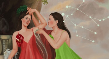 An illustration of women in Loewe dresses under the stars