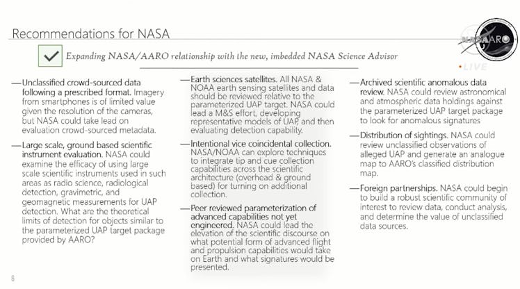 AARO’s recommendations to NASA to explore UAP include: having a prescribed format for handheld camer...