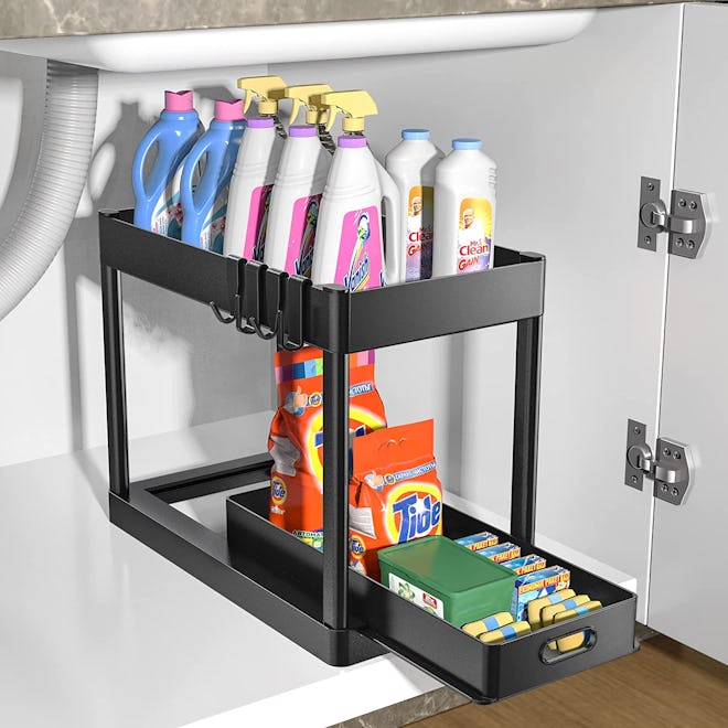 This under sink organizer is a great way to keep your cleaning products or personal care items neat ...
