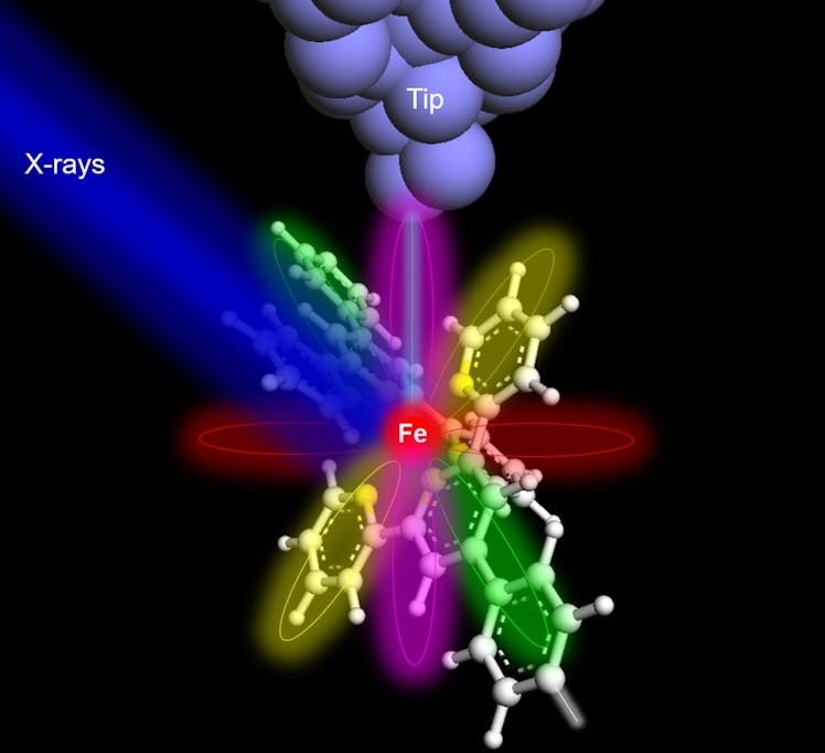 color illustration of a blue beam of light hitting a complex arrangement of ring-shaped molecules, w...