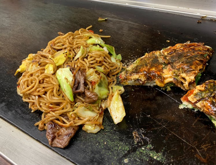 I tried my first okonomiyaki in Kyoto, along with some yakisoba noodles.