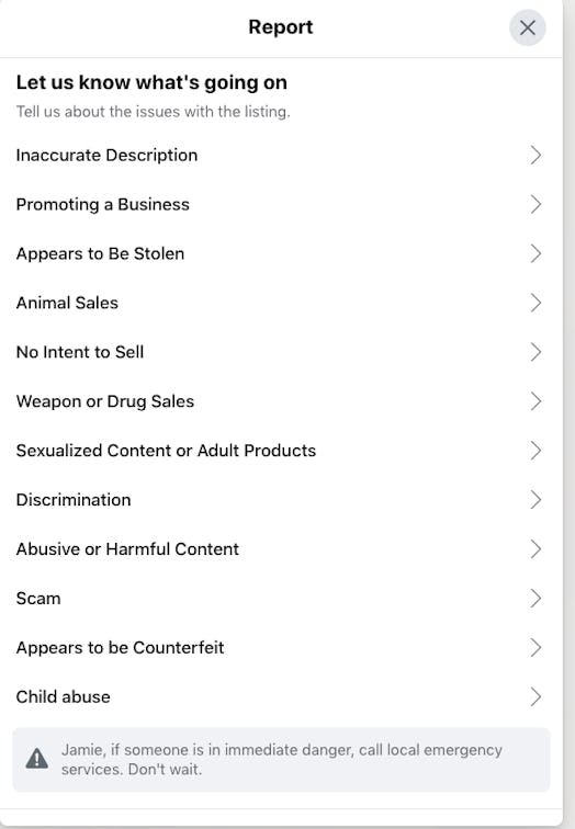 A screenshot from Facebook highlighting 12 different concerns regarding items for sale on Marketplac...