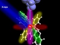 color illustration of a blue beam of light hitting a complex arrangement of ring-shaped molecules, w...
