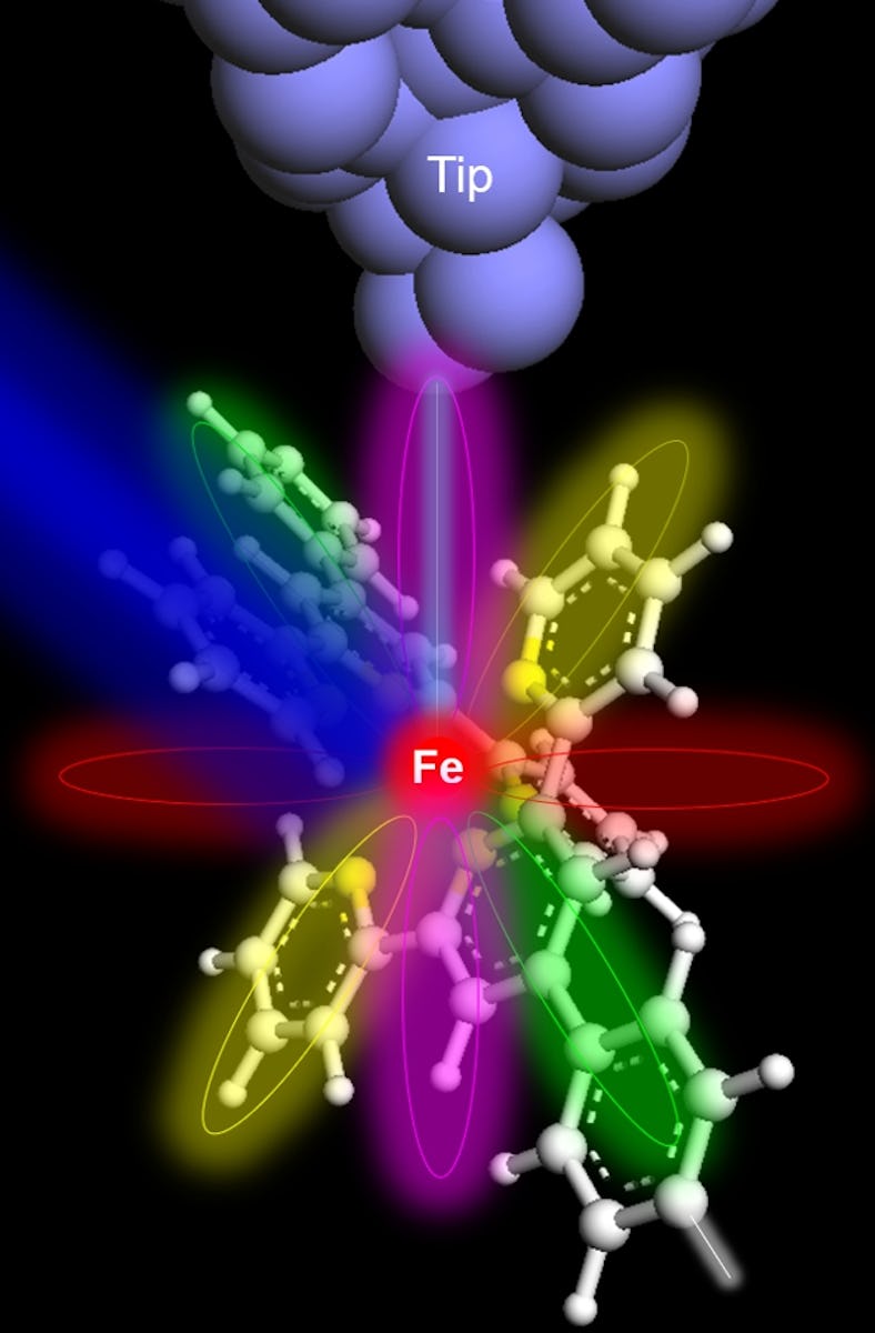 color illustration of a blue beam of light hitting a complex arrangement of ring-shaped molecules, w...