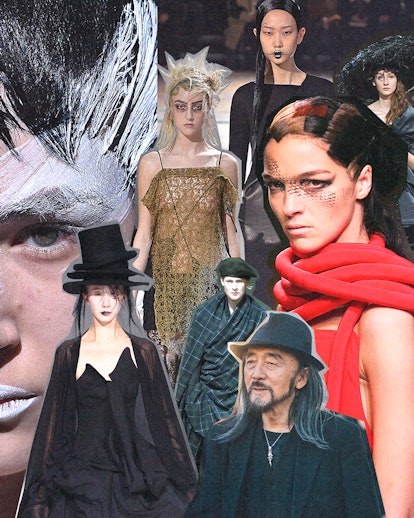 A collage of iconic looks from Yohji Yamamoto's collections