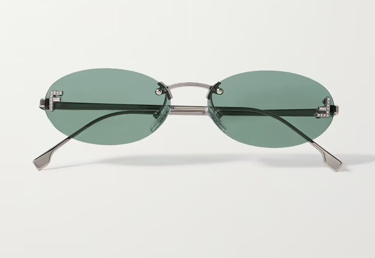 Fendi Oval-frame crystal-embellished silver-tone sunglasses