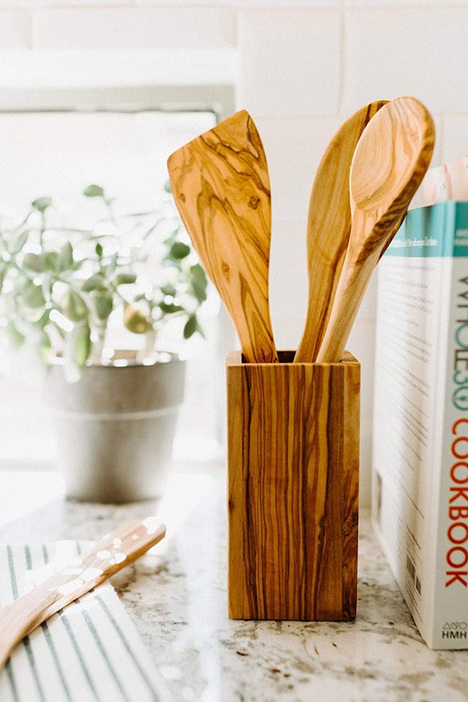 Tramanto Olive Wood Utensil Holder 6 Inch Tall Square Wooden Crock for Kitchen Tools and Cooking
