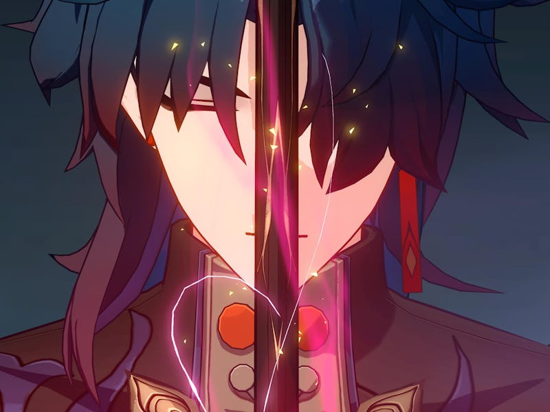 Stellaron Hunter Blade holding sword in front of face