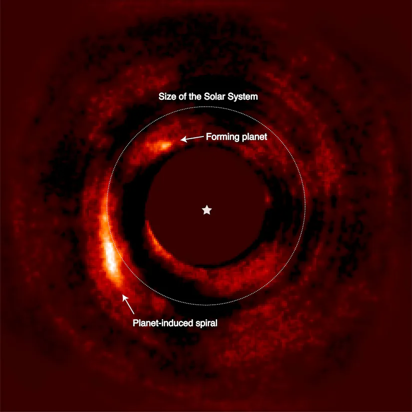A imagem capturada do sistema HD 169142 revela a presença do protoplaneta em formação HD 169142 b, localizado aproximadamente às 11 horas, juntamente com um braço espiral brilhante que se formou como resultado da interação dinâmica entre o planeta e o disco circundante. Para obter essa imagem, foi necessário subtrair o sinal estelar, que é cerca de 100.000 vezes mais brilhante do que o próprio planeta, através de uma combinação de elementos ópticos e processamento de imagem (como a máscara visível no centro da imagem). Observações realizadas em diferentes momentos mostram claramente o movimento progressivo do planeta em sua órbita ao longo do tempo.