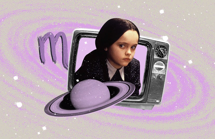 Wednesday Addams coming out of an old TV, surrounded by planets and the Scorpio zodiac sign