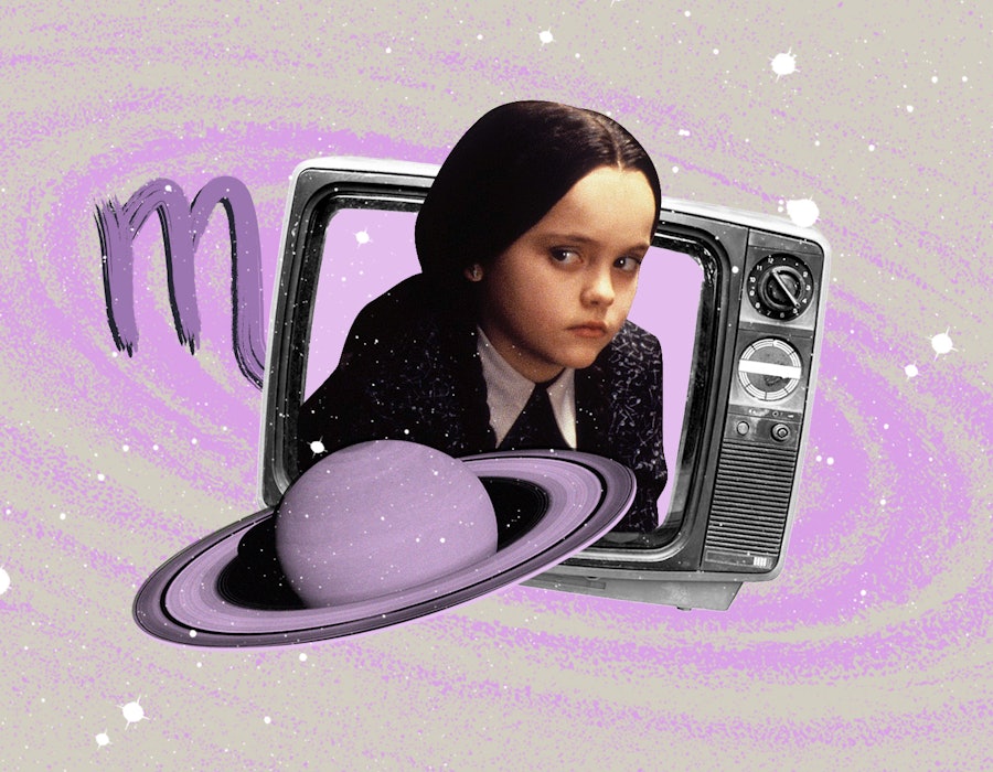 Wednesday Addams coming out of an old TV, surrounded by planets and the Scorpio zodiac sign