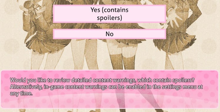Screenshot of Doki Doki Literature Club's content warning options