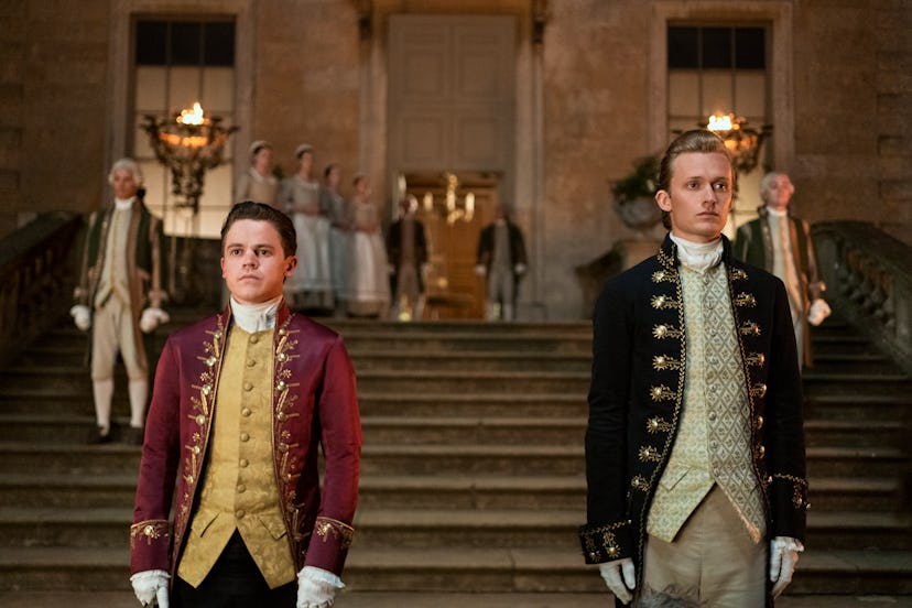 Sam Clemmett and Freddie Dennis in ‘Queen Charlotte.’ Photo via Netflix