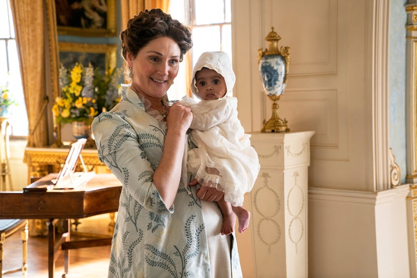 Ruth Gemmell as Lady Violet Bridgerton, Arianna and Ava Gittens-Roberts as Baby Augie 'Bridgerton' S...