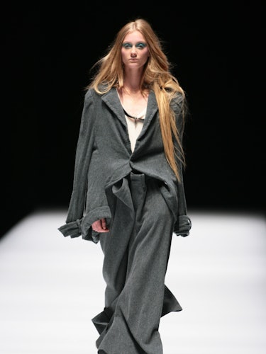 A model on the runway at Yohji Yamamoto's fall 2006 show at the Espace Ephemere Tuileries.