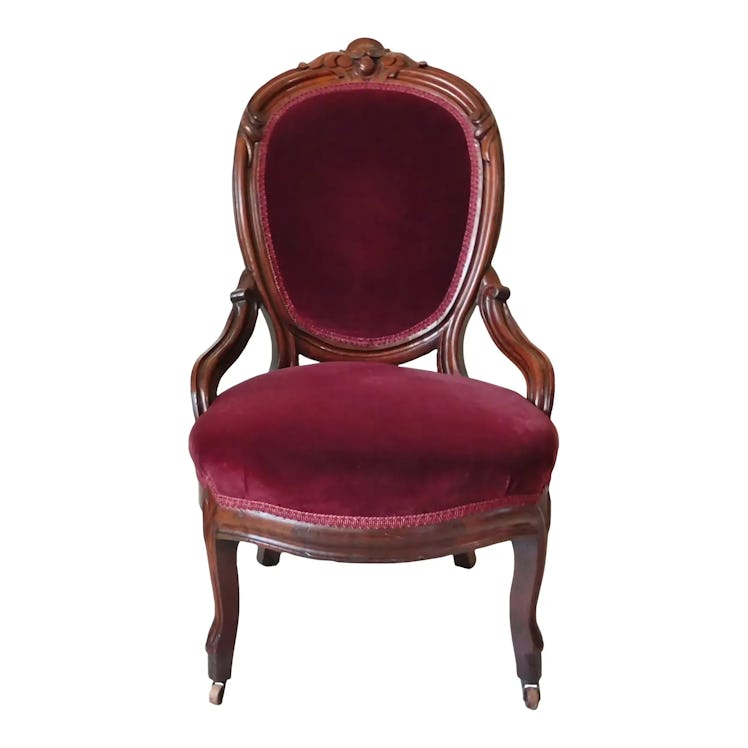 Antique Victorian Red Velvet Carved Mahogany Wood Accent Side Chair