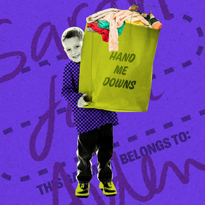 A mom loves getting a bag of hand me downs from another parent.