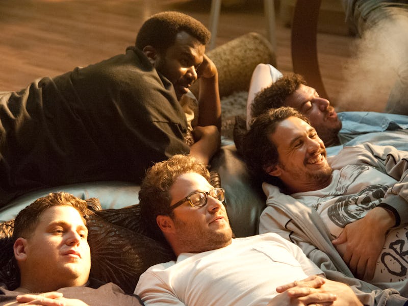 Craig Robinson, Jonah Hill, Seth Rogen, James Franco, and Danny McBride cuddle together in This is t...