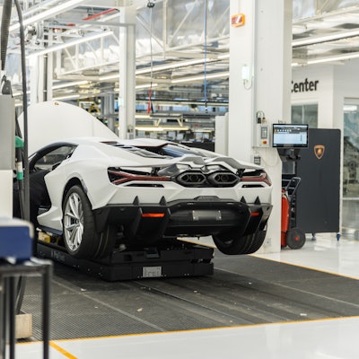 The Lamborghini Revuelto hybrid supercar in a factory