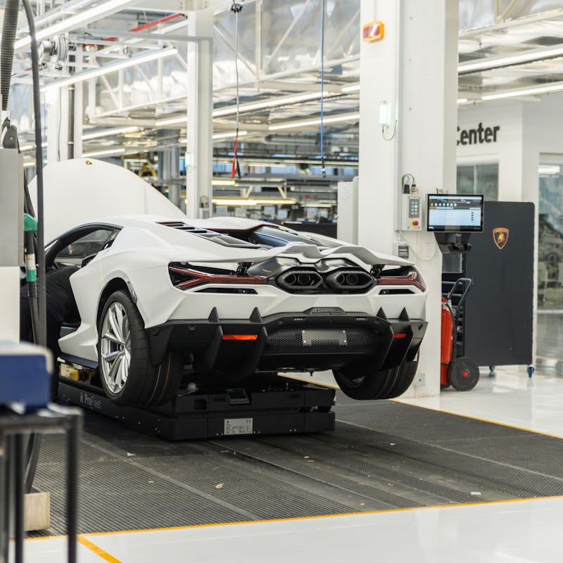 The Lamborghini Revuelto hybrid supercar in a factory