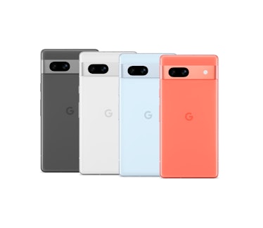 The Pixel 7a in black, white, blue, and red.