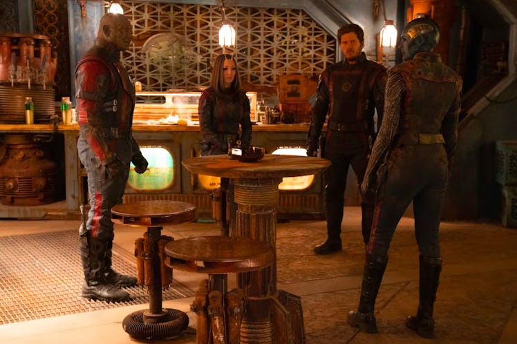 Dave Bautista as Drax the Destroyer, Pom Klementieff as Mantis, Chris Pratt as Peter Quill/Star-Lord...