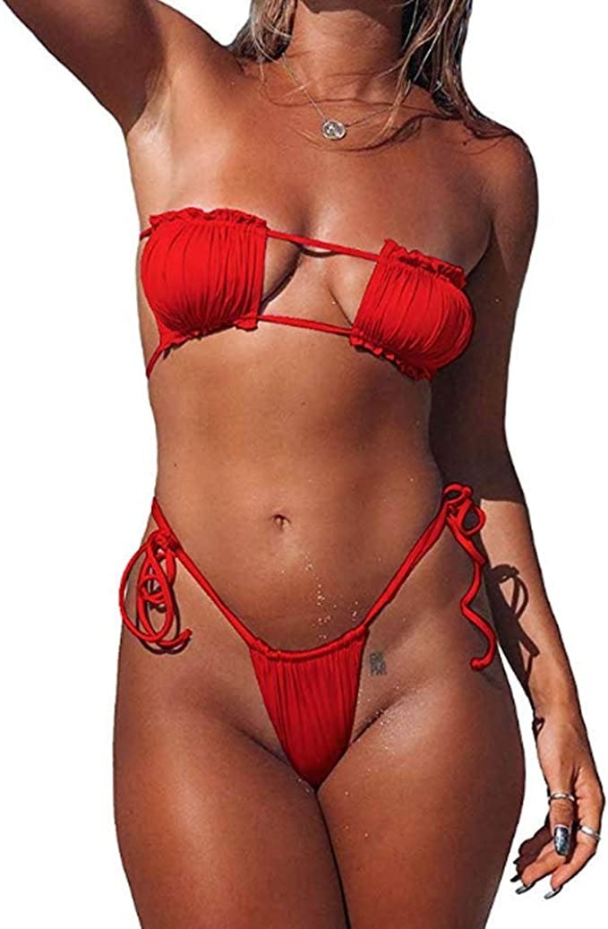 Poliphili Cheeky Ruffle Bandeau Swimsuit Mujer Micro Bikini Set