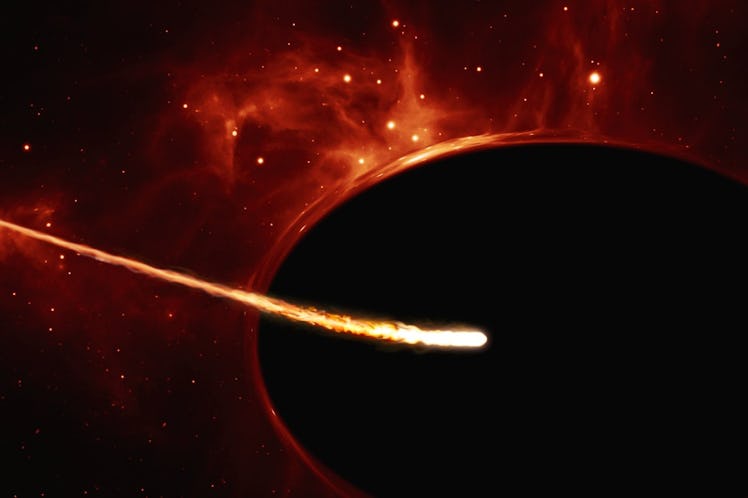 image of a star being stretched into a thin glowing stream of light as it falls into a black disk.