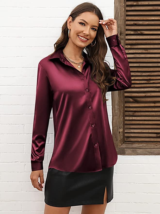 CUNLIN Satin Silk Button Down
