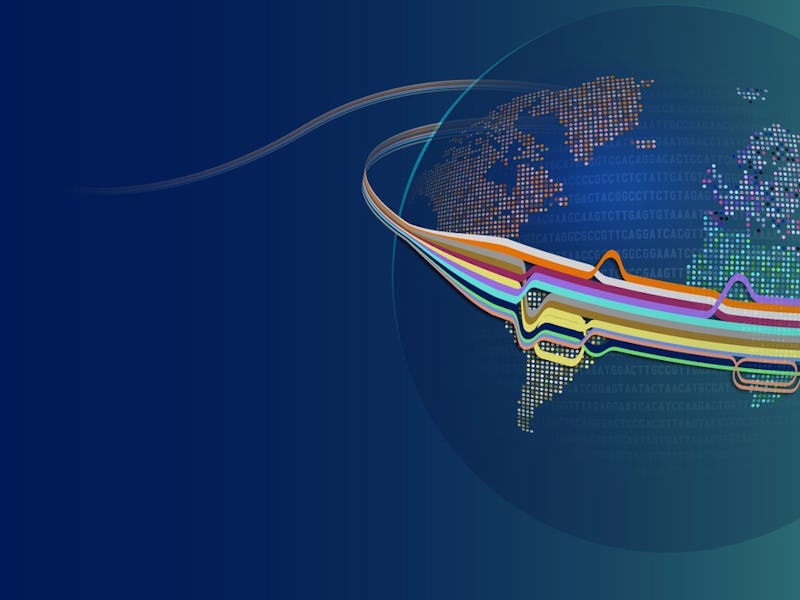 An illustration of a human genome stretching over the globe.