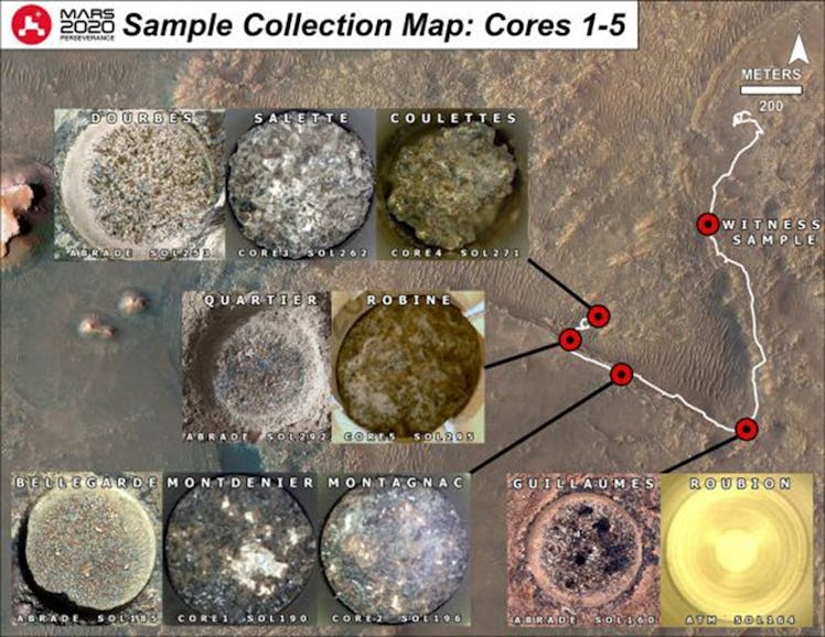 An image of the first five core samples that Perseverance collected. 