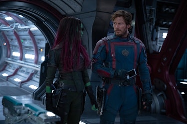 Zoe Saldana as Gamora and Chris Pratt as Peter Quill in Guardians of the Galaxy Vol. 3